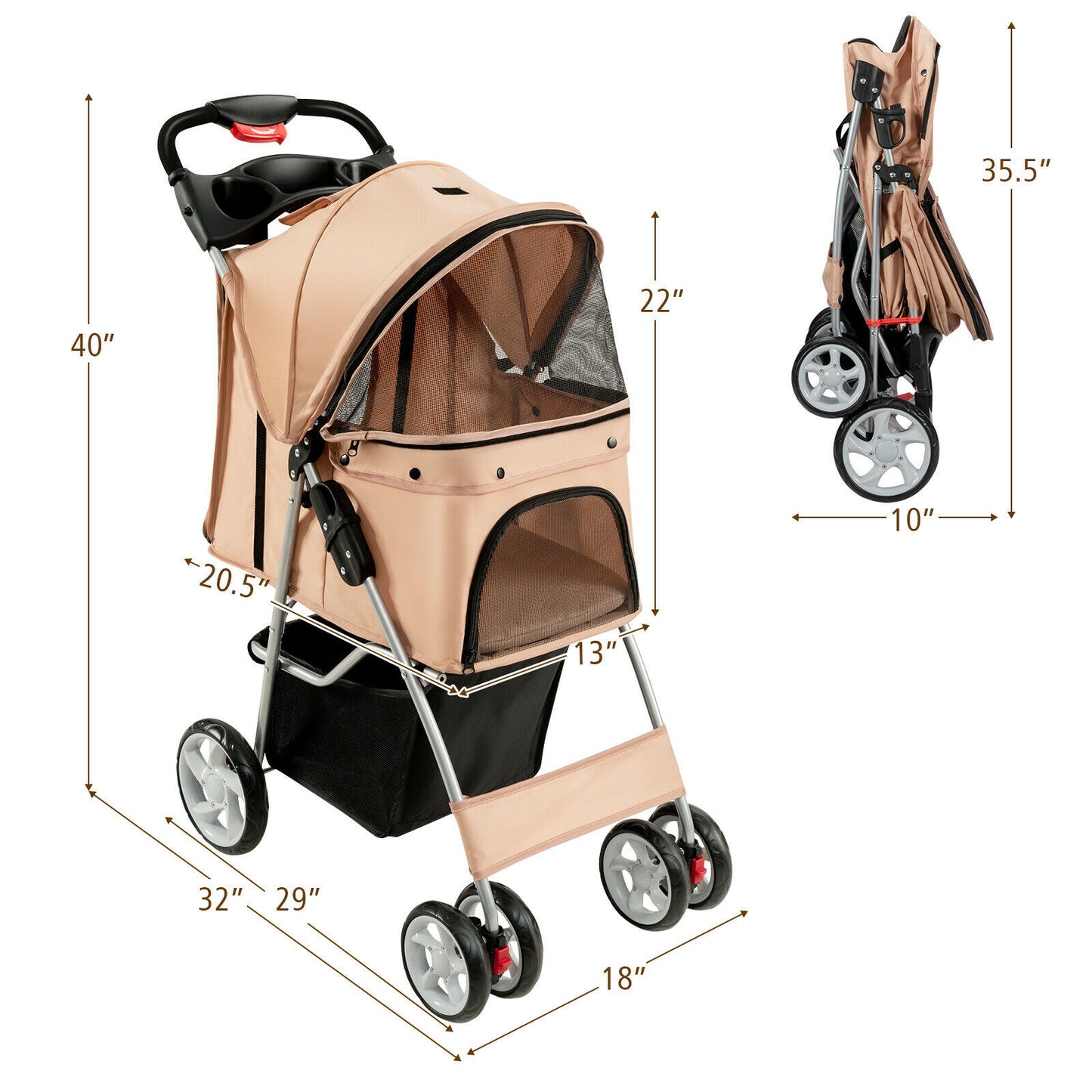 Foldable 4-Wheel Pet Stroller with Storage Basket-Beige