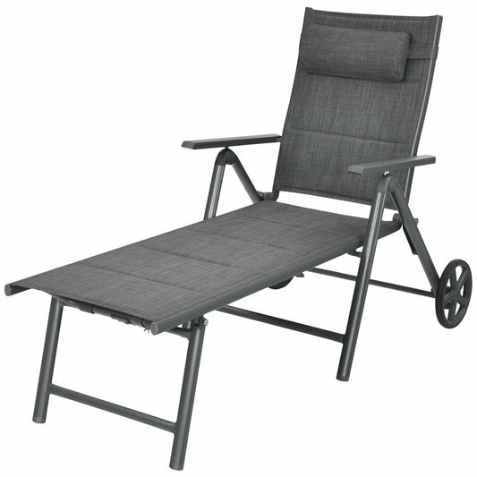 Patio Reclining Chaise Lounge with Adjust Neck Pillow-Gray