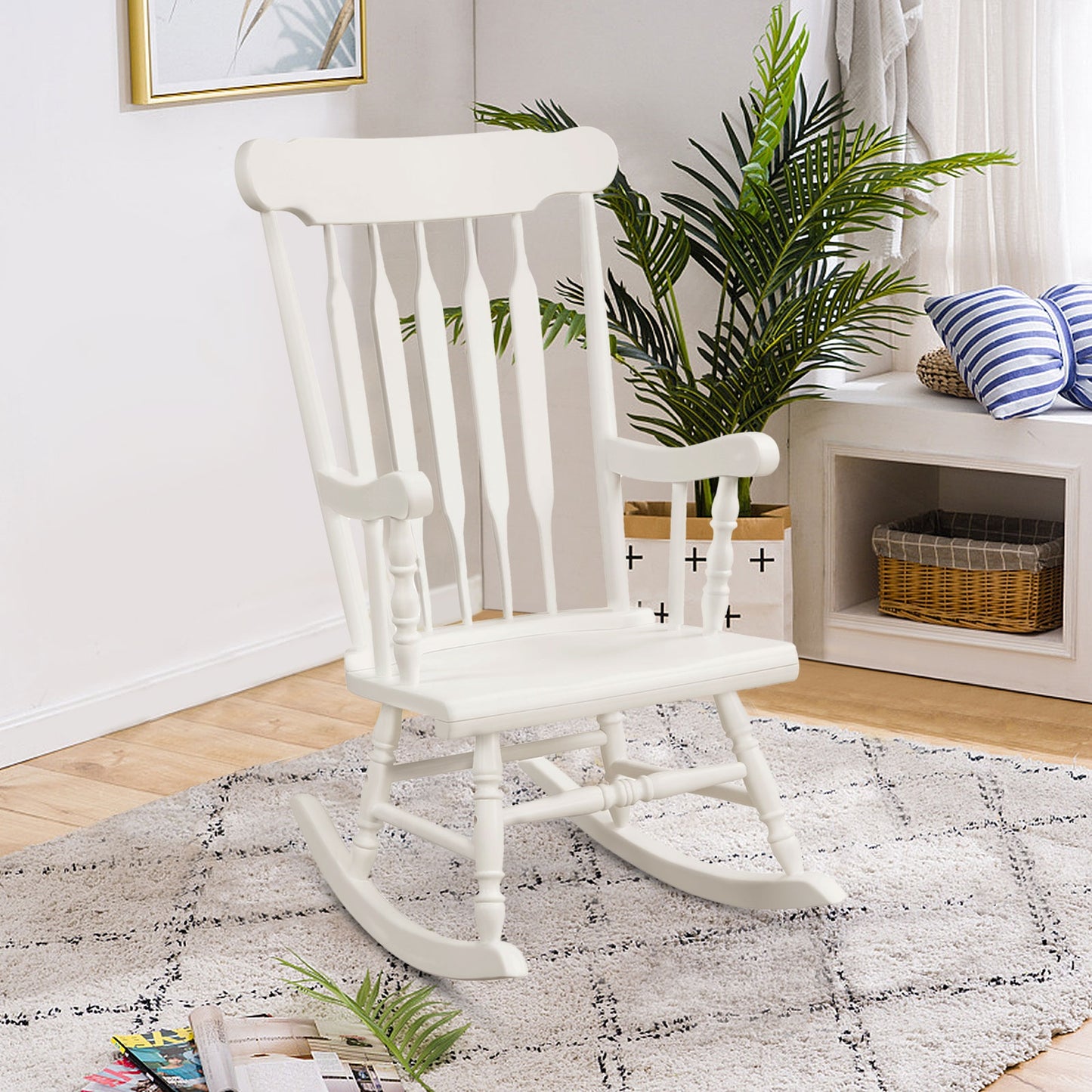 Solid Wood Porch Glossy Finish Rocking Chair-White