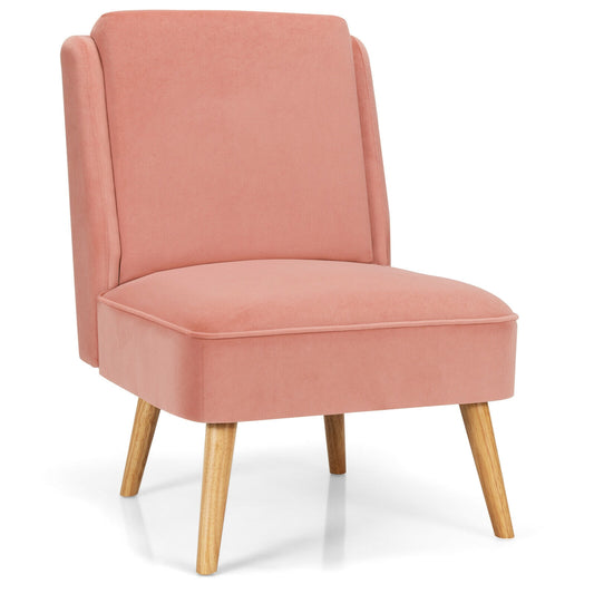 Velvet Accent Armless Side Chair with Rubber Wood Legs for Bedroom-Pink