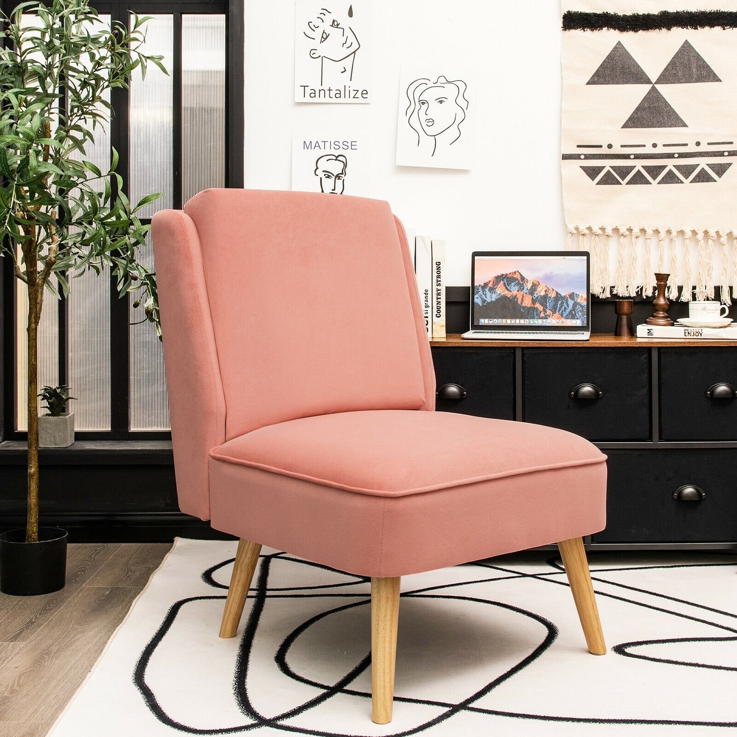 Velvet Accent Armless Side Chair with Rubber Wood Legs for Bedroom-Gray