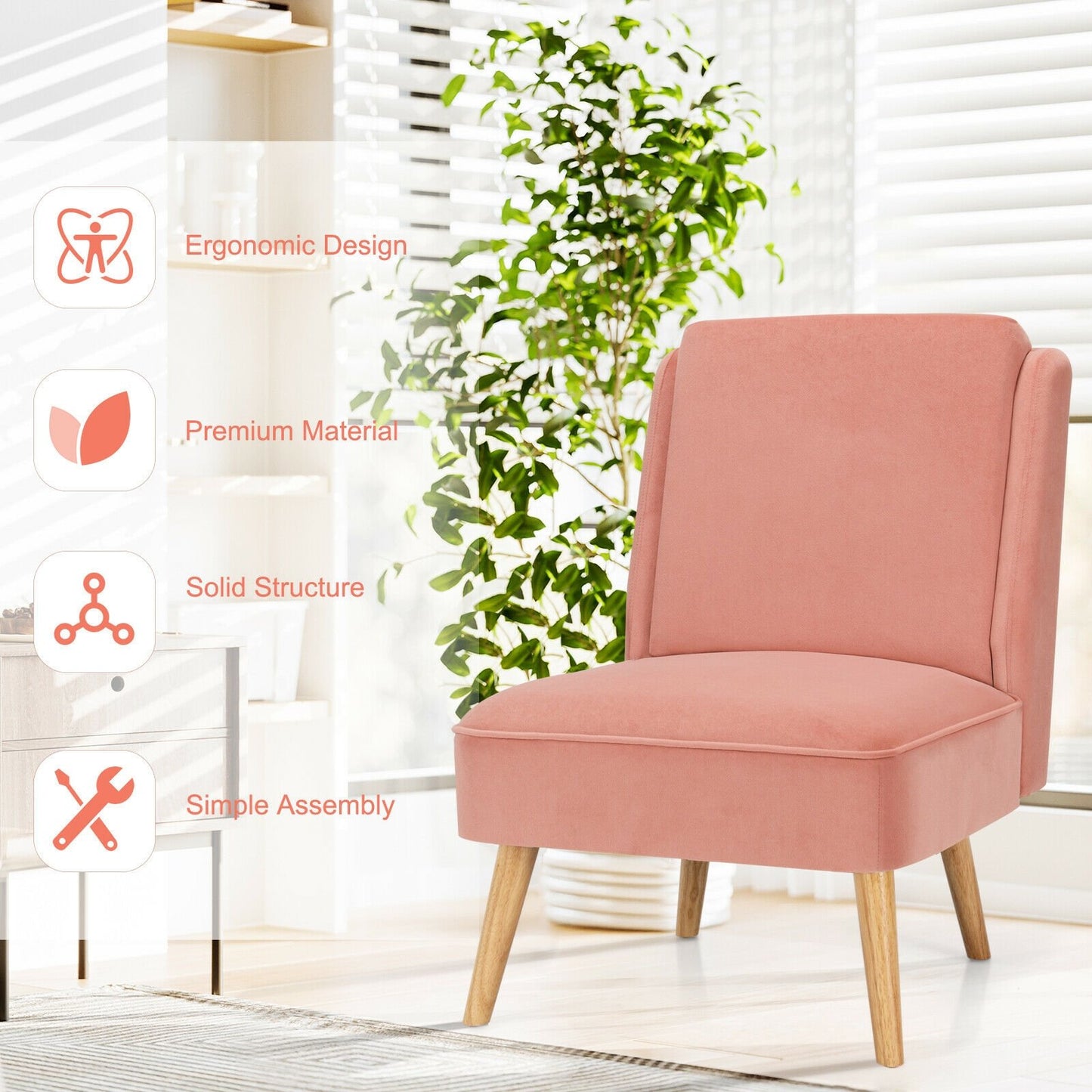 Velvet Accent Armless Side Chair with Rubber Wood Legs for Bedroom-Gray