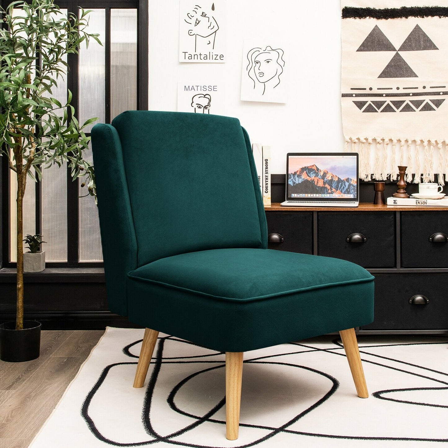 Velvet Accent Armless Side Chair with Rubber Wood Legs for Bedroom-Gray