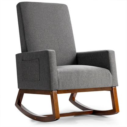 Rocking High Back Upholstered Lounge Armchair with Side Pocket-Beige