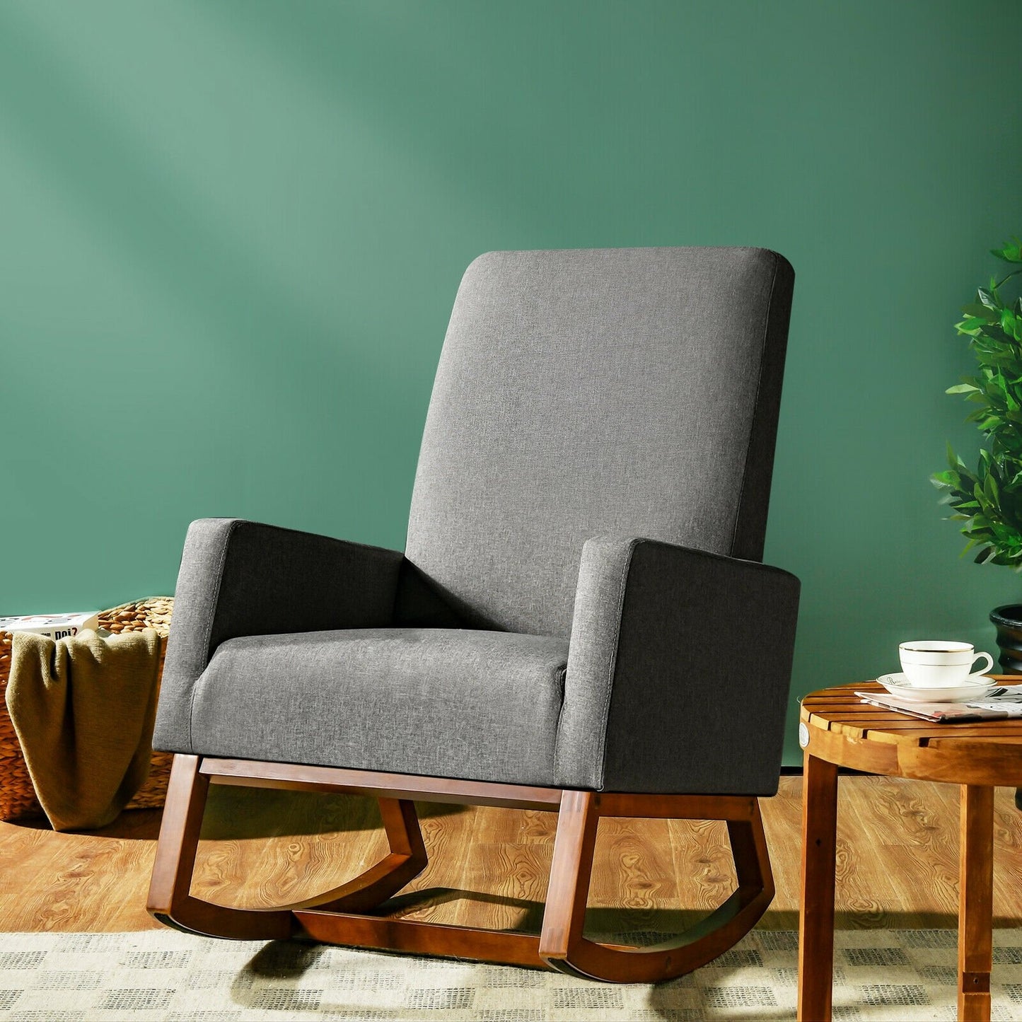 Rocking High Back Upholstered Lounge Armchair with Side Pocket-Beige