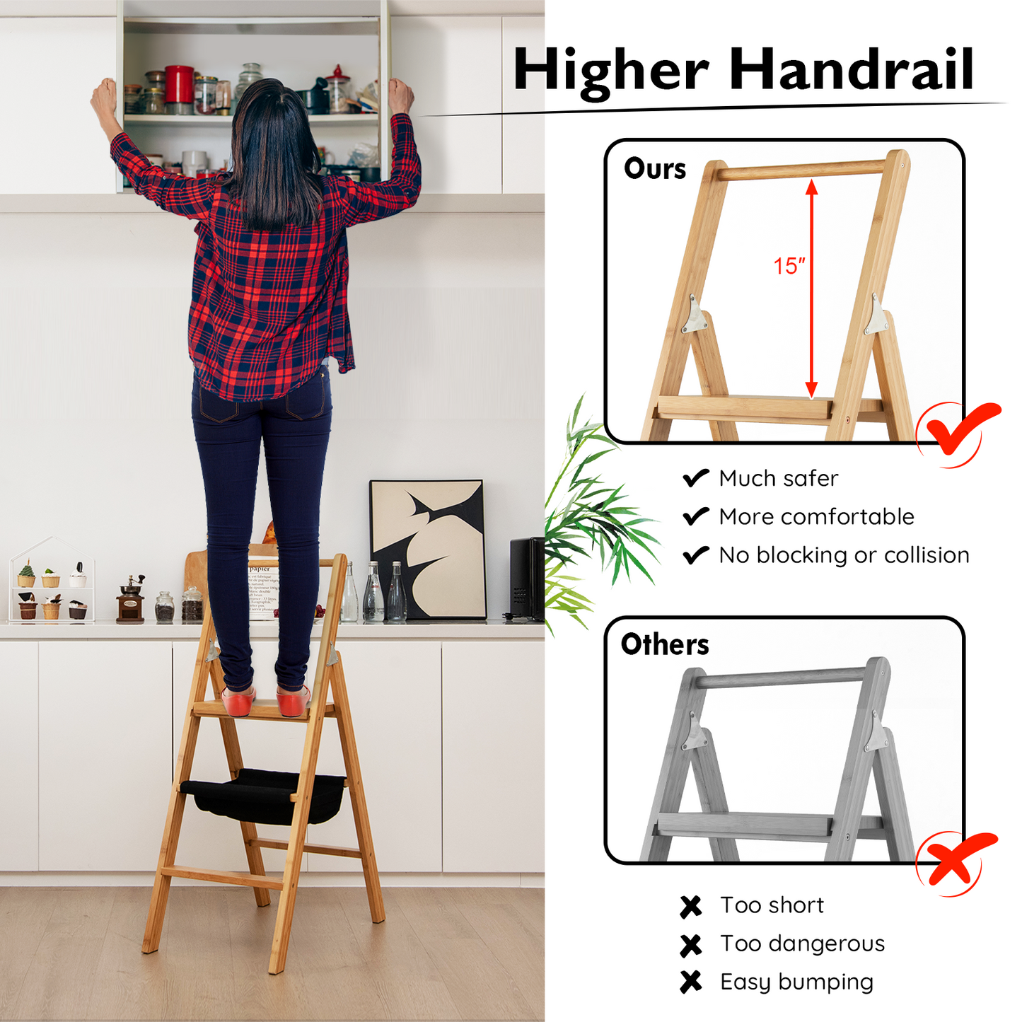 3 Step Foldable Bamboo Step Ladder Stool with Tool Storage Bag-Natural