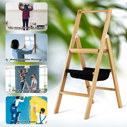 3 Step Foldable Bamboo Step Ladder Stool with Tool Storage Bag-Natural