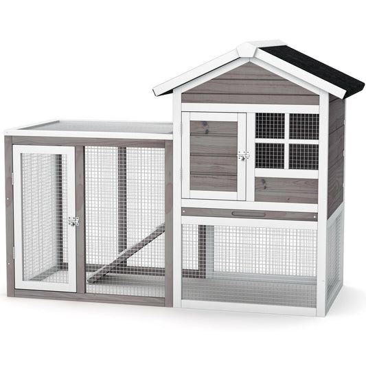 2-Story Wooden Rabbit Hutch with Running Area-Gray
