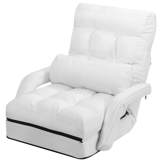 Folding Lazy Floor Chair Sofa with Armrests and Pillow-White