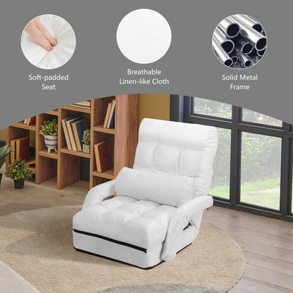 Folding Lazy Floor Chair Sofa with Armrests and Pillow-White