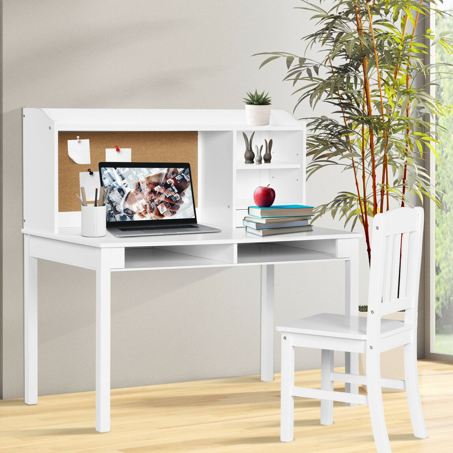 Kids Desk and Chair Set Study Writing Desk with Hutch and Bookshelves-Brown