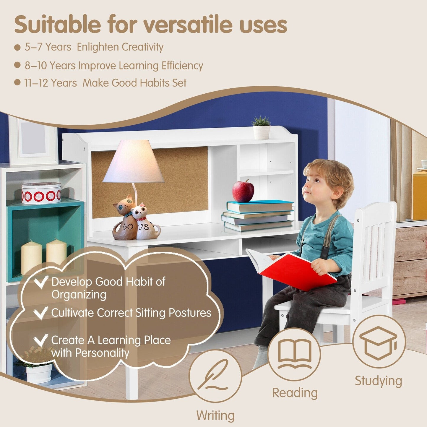 Kids Desk and Chair Set Study Writing Desk with Hutch and Bookshelves-Brown