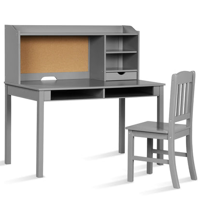 Kids Desk and Chair Set Study Writing Desk with Hutch and Bookshelves-Gray