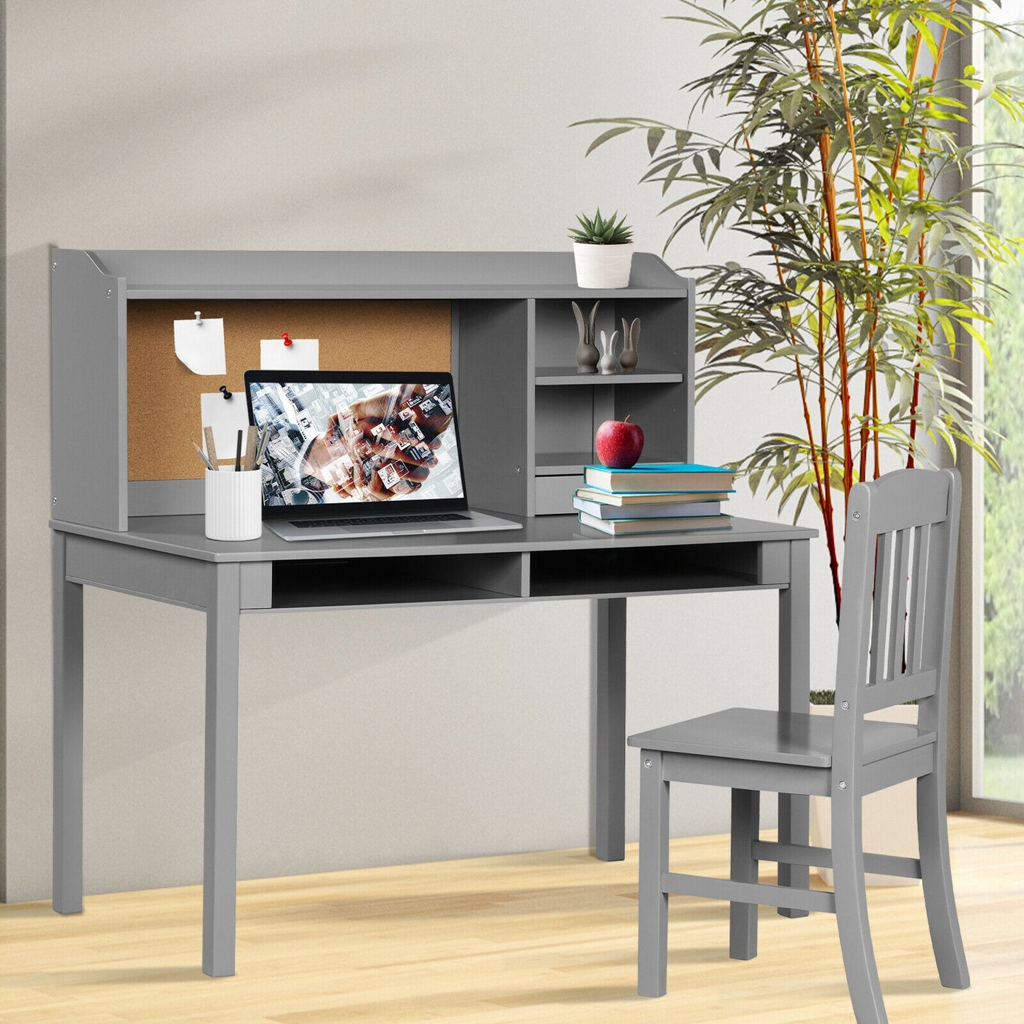 Kids Desk and Chair Set Study Writing Desk with Hutch and Bookshelves-Gray