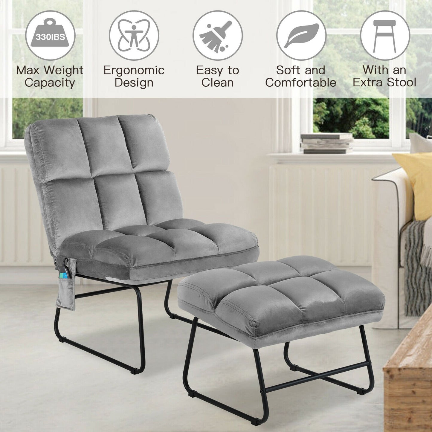 Massage Chair Velvet Accent Sofa Chair with Ottoman and Remote Control-Brown