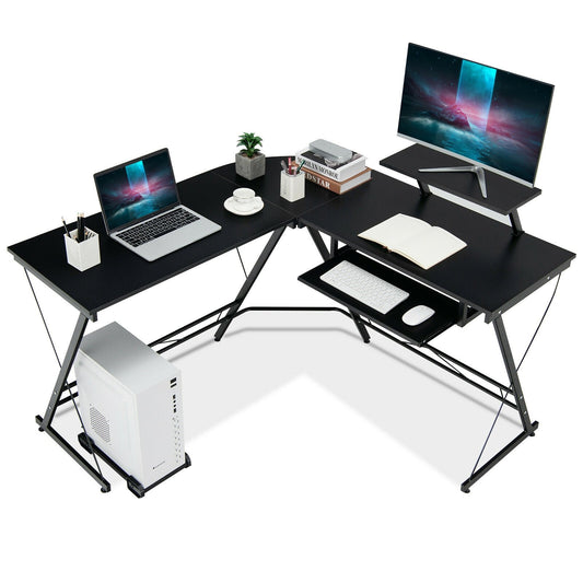 L Shaped Computer Desk Home Office Workstation with Movable Monitor Stand-Black