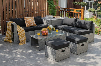 8 Pieces Patio Rattan Furniture Set with Storage Waterproof Cover and Cushion-Black