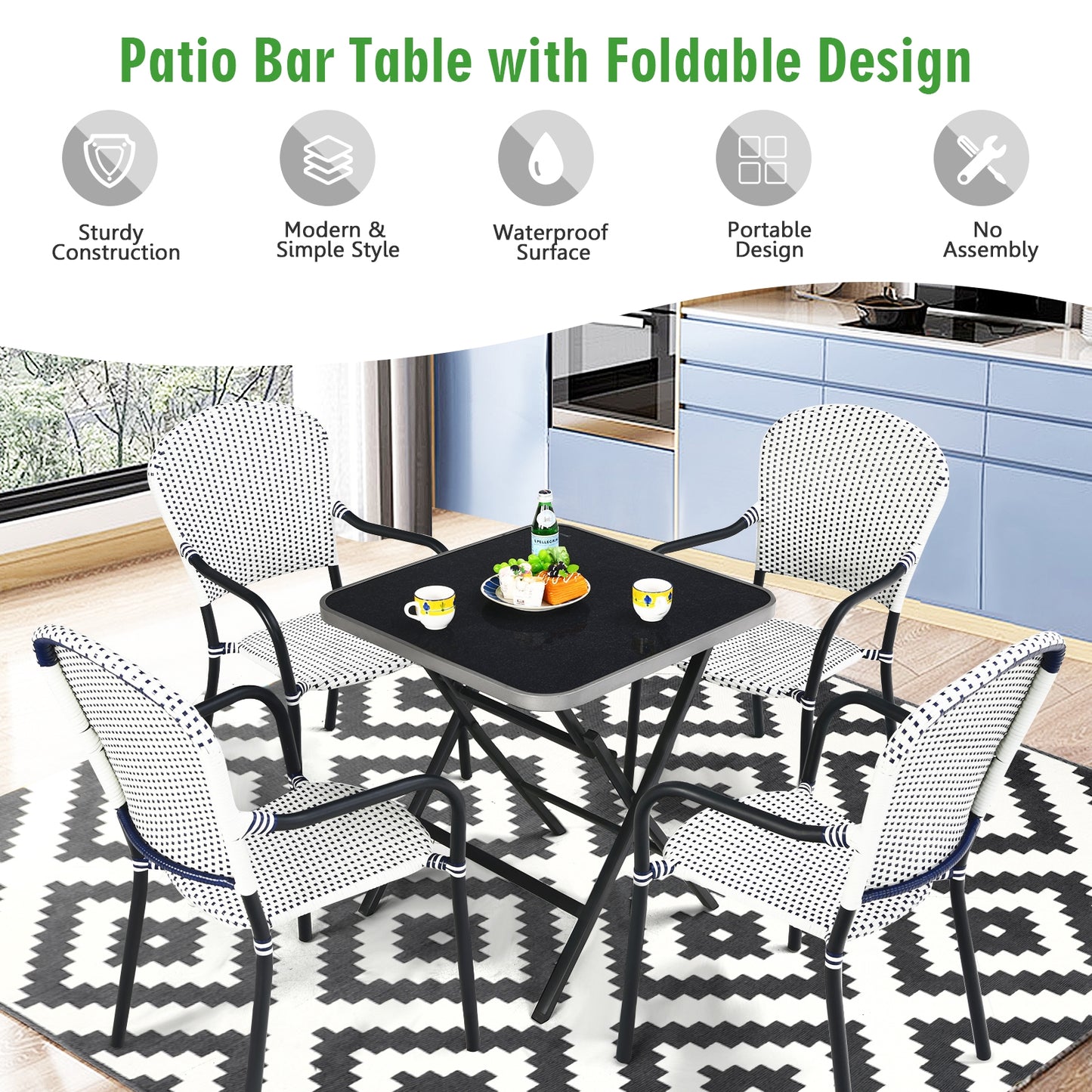 Patio Folding Square Dining Table with Aluminum Frame and Tempered Glass top