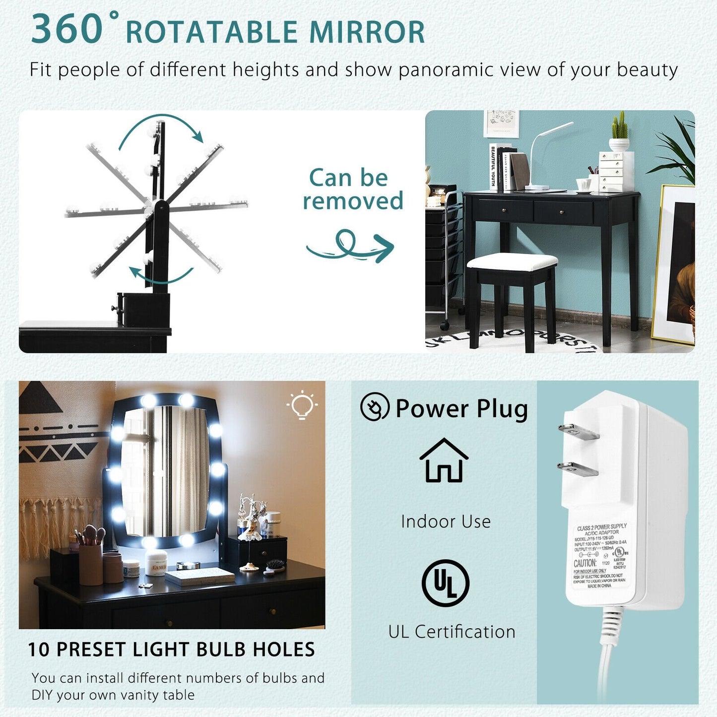 Vanity Table Set with Lighted Mirror for Bedroom and Dressing Room-Black