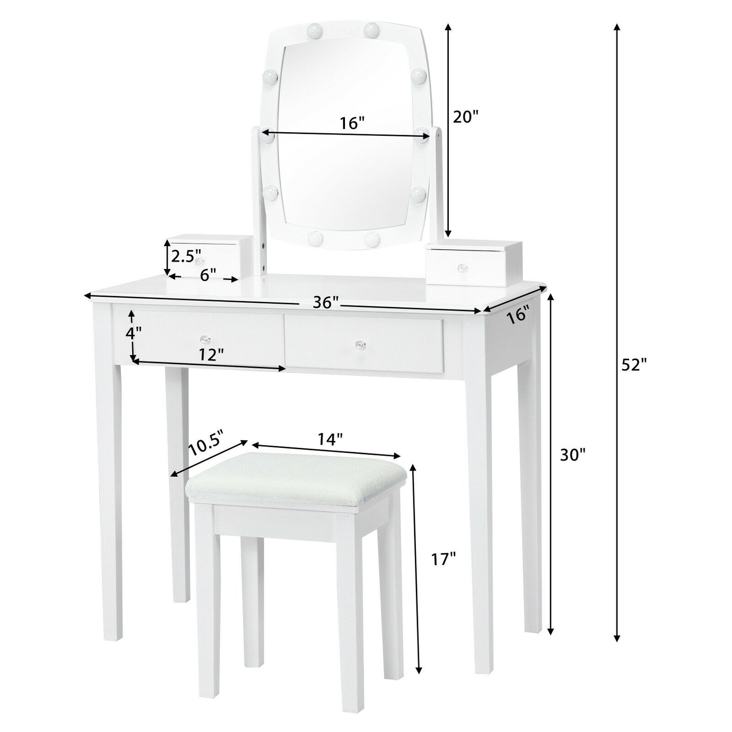 Vanity Table Set with Lighted Mirror for Bedroom and Dressing Room-White