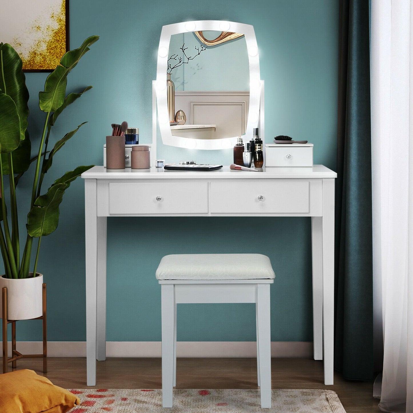 Vanity Table Set with Lighted Mirror for Bedroom and Dressing Room-White