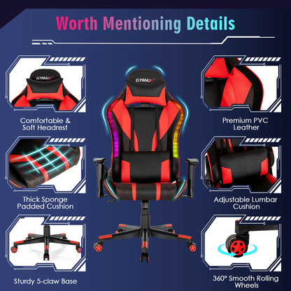 Gaming Chair Adjustable Swivel Computer Chair with Dynamic LED Lights-Red