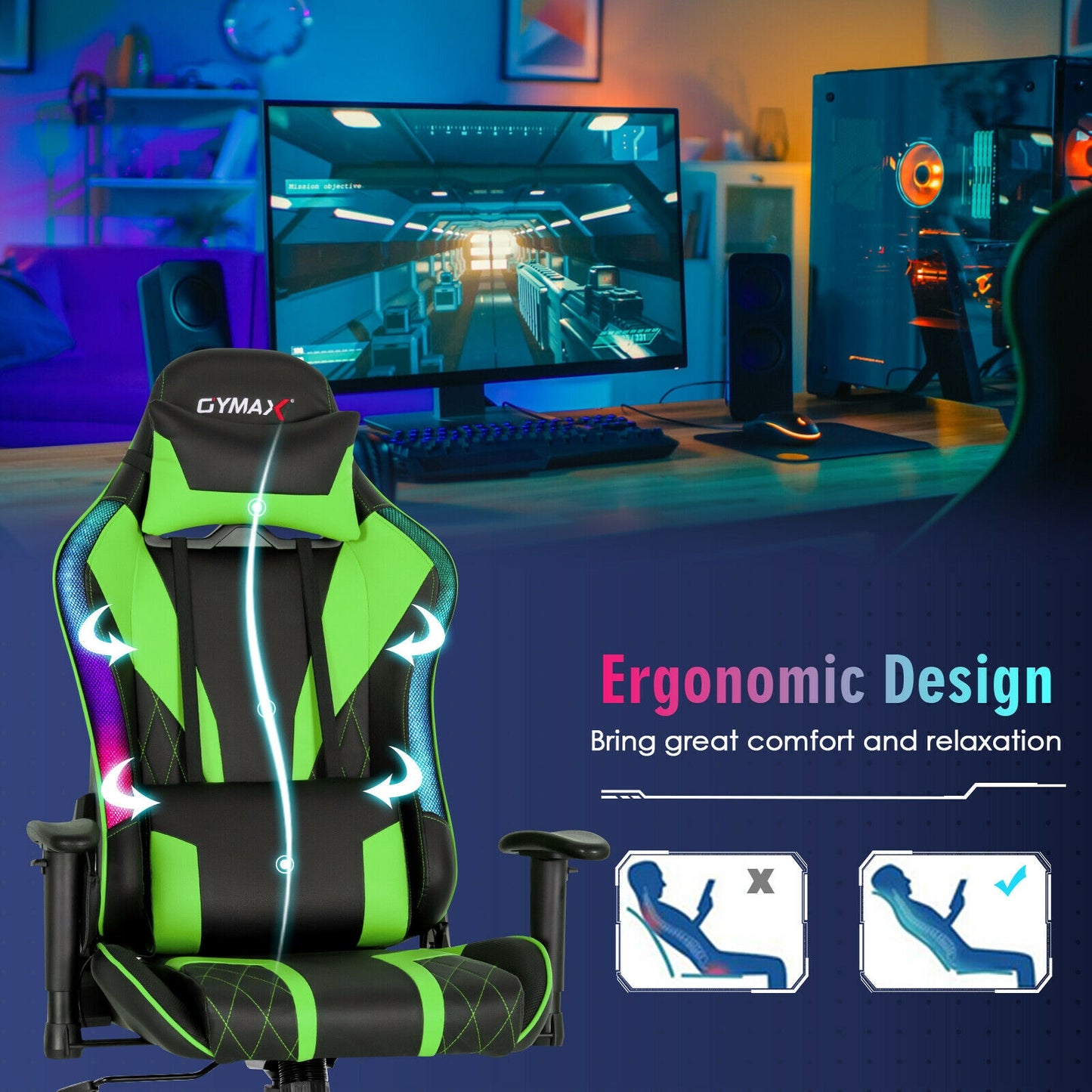 Gaming Chair Adjustable Swivel Computer Chair with Dynamic LED Lights-Green