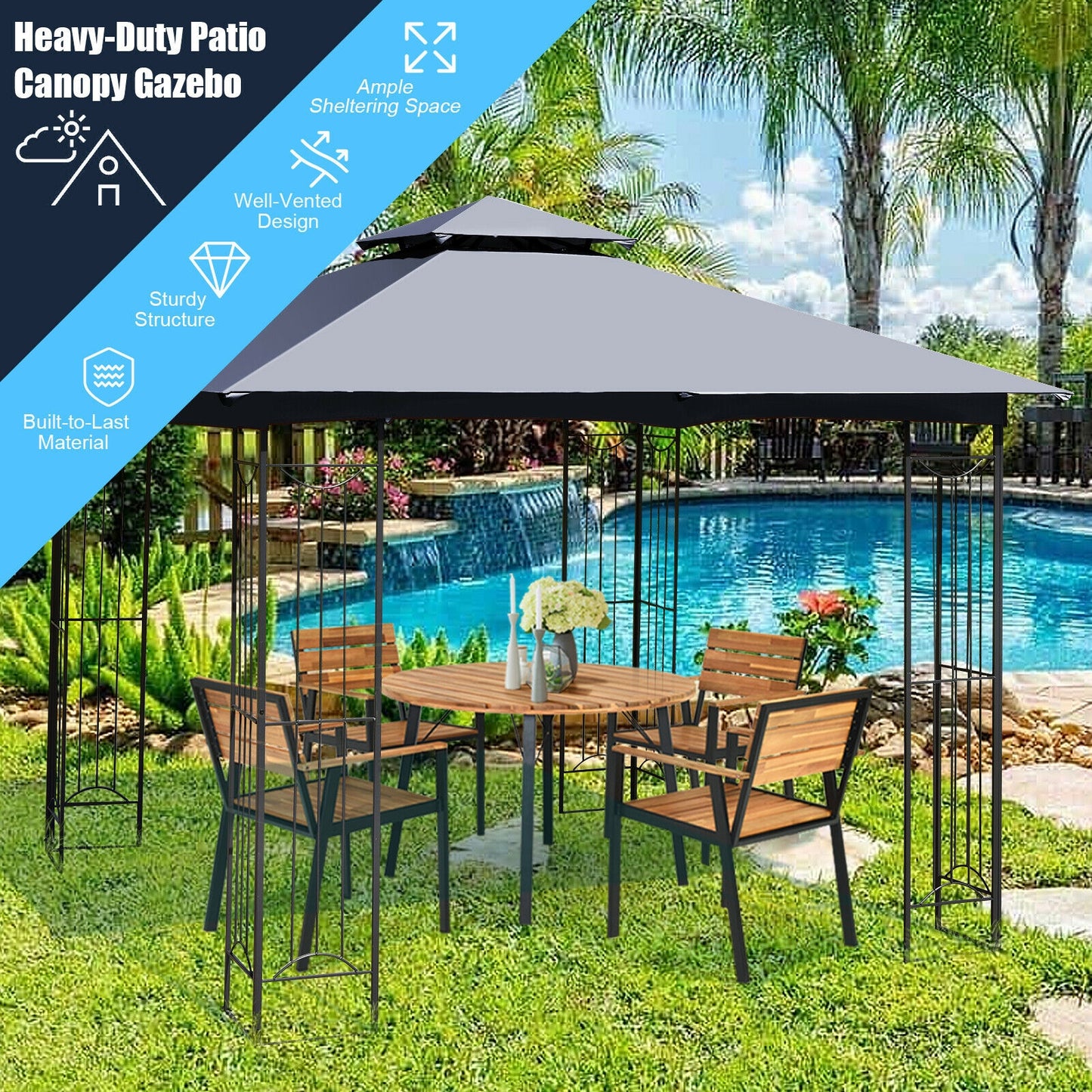 10 x 10 Feet L-Shaped Patio Canopy Gazebo Outdoor 2-Tier Steel Tent-Beige