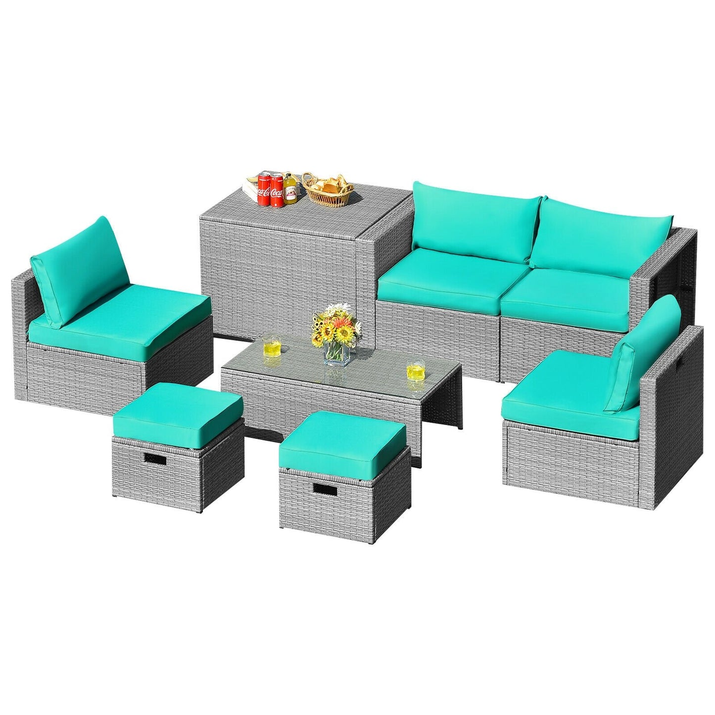 8 Pieces Patio Rattan Furniture Set with Storage Waterproof Cover and Cushion-Black
