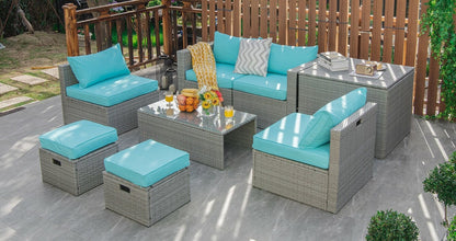 8 Pieces Patio Rattan Furniture Set with Storage Waterproof Cover and Cushion-Black