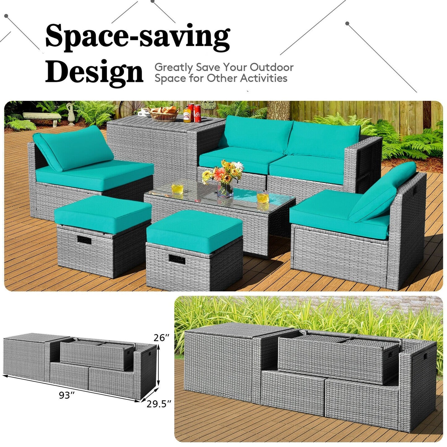 8 Pieces Patio Rattan Furniture Set with Storage Waterproof Cover and Cushion-Black
