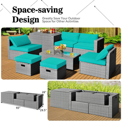 8 Pieces Patio Rattan Furniture Set with Storage Waterproof Cover and Cushion-Black