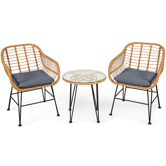 3 Pieces Rattan Furniture Set with Cushioned Chair Table-Gray