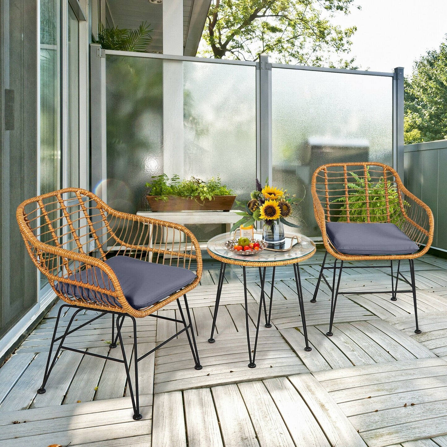 3 Pieces Rattan Furniture Set with Cushioned Chair Table-Black