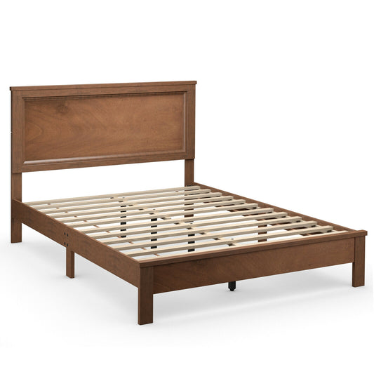 Queen Size Bed Frame Platform Slat High Headboard Bedroom with Rubber Wood Leg-Walnut