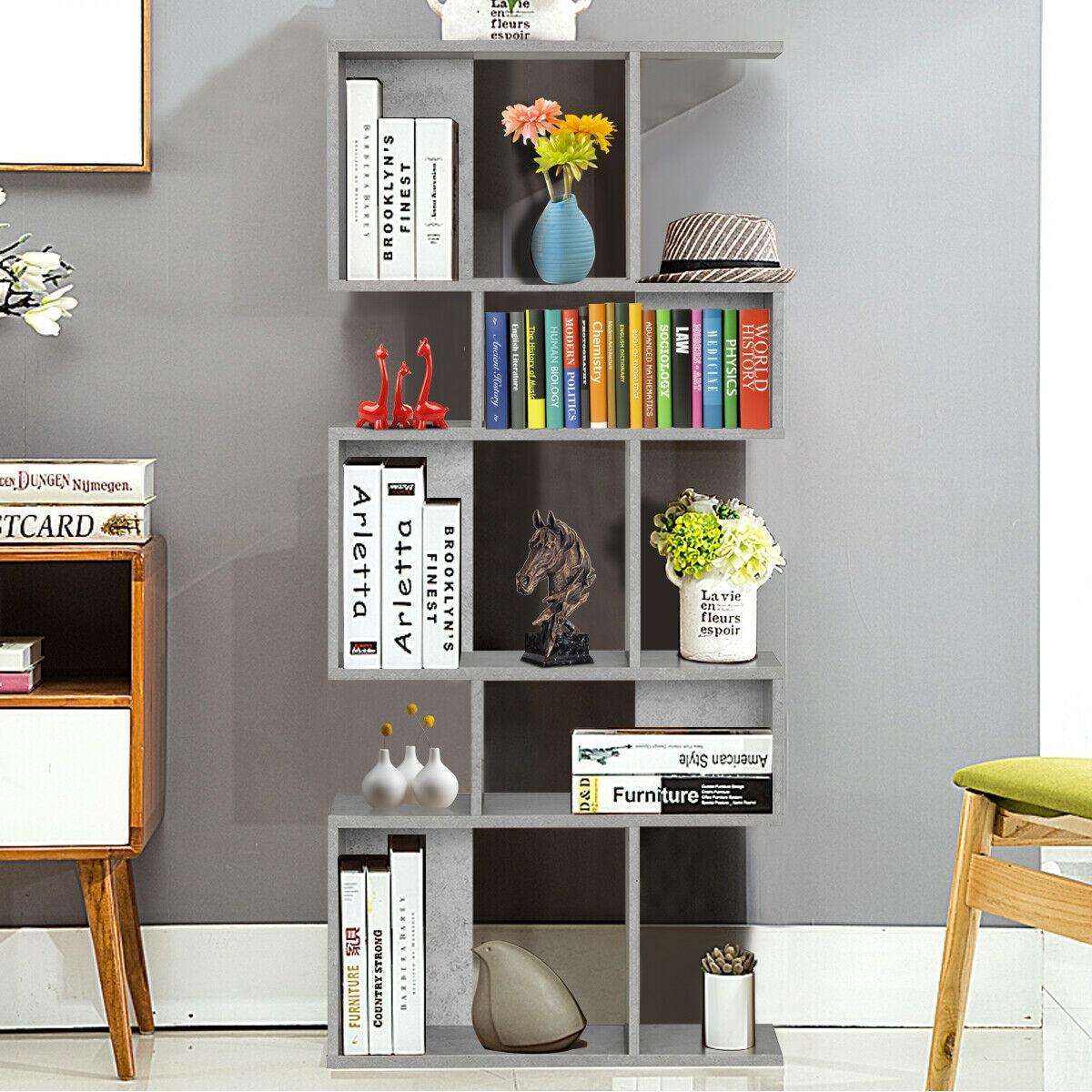 5 Cubes Ladder Shelf Corner Bookshelf Display Rack Bookcase-Gray