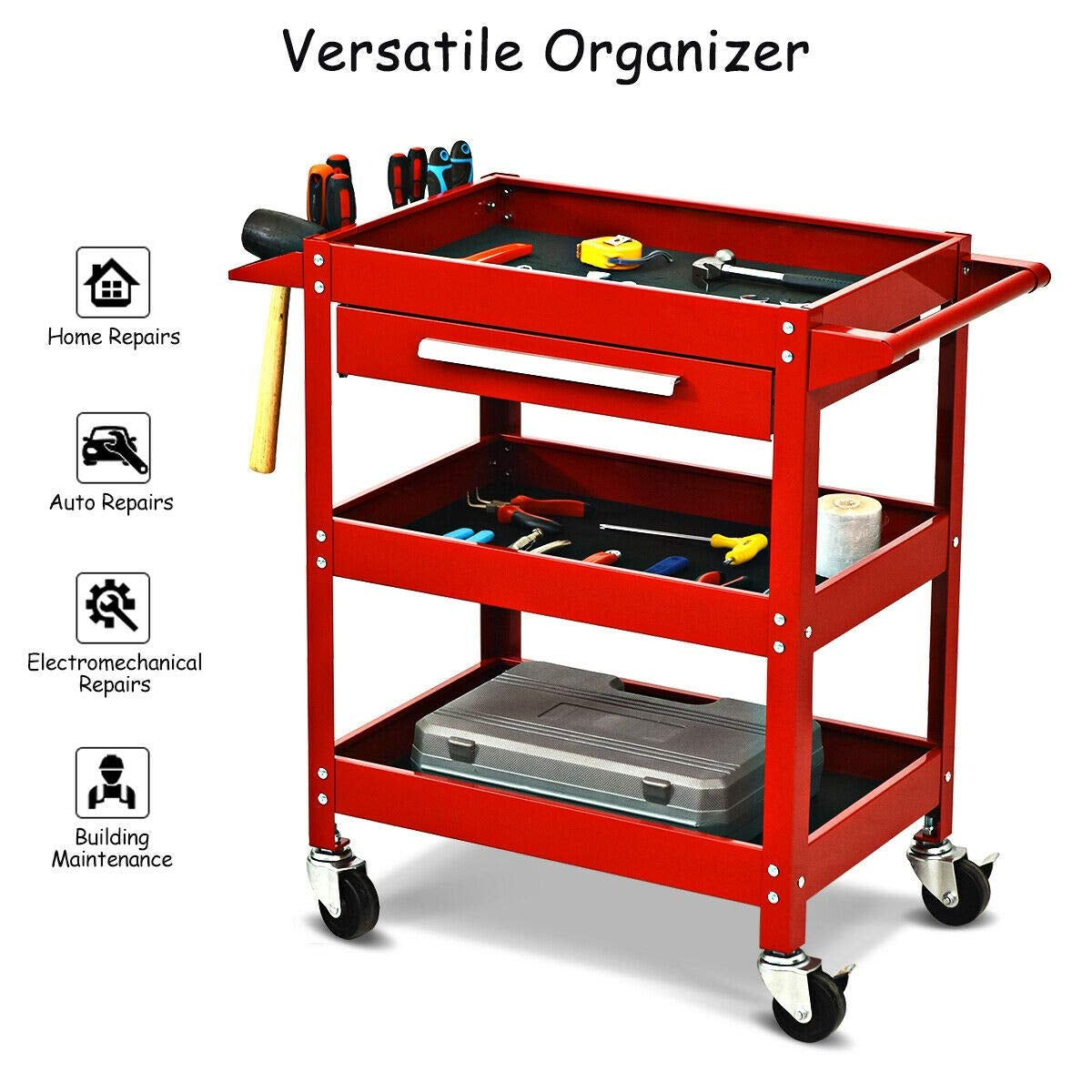 Rolling Tool Cart Mechanic Cabinet Storage ToolBox Organizer with Drawer-Red