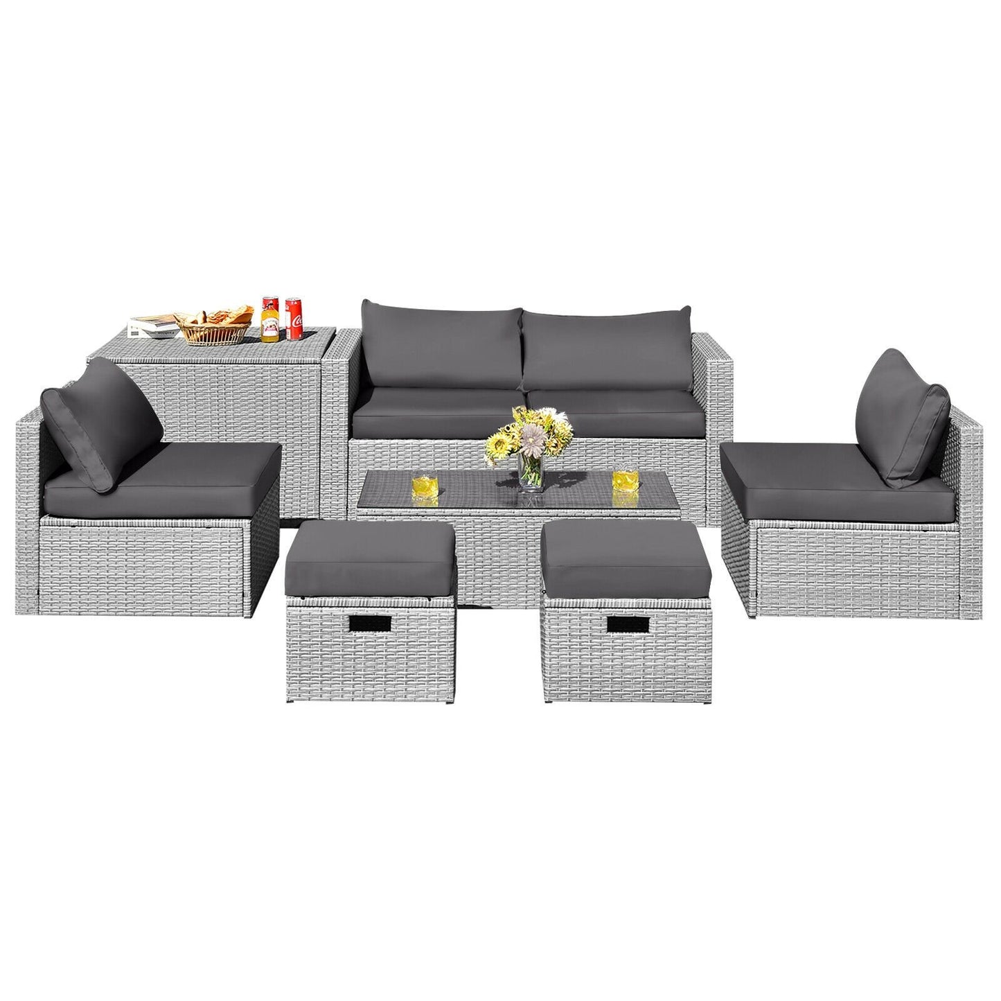 8 Pieces Patio Rattan Furniture Set with Storage Waterproof Cover and Cushion-Black