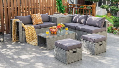 8 Pieces Patio Rattan Furniture Set with Storage Waterproof Cover and Cushion-Black