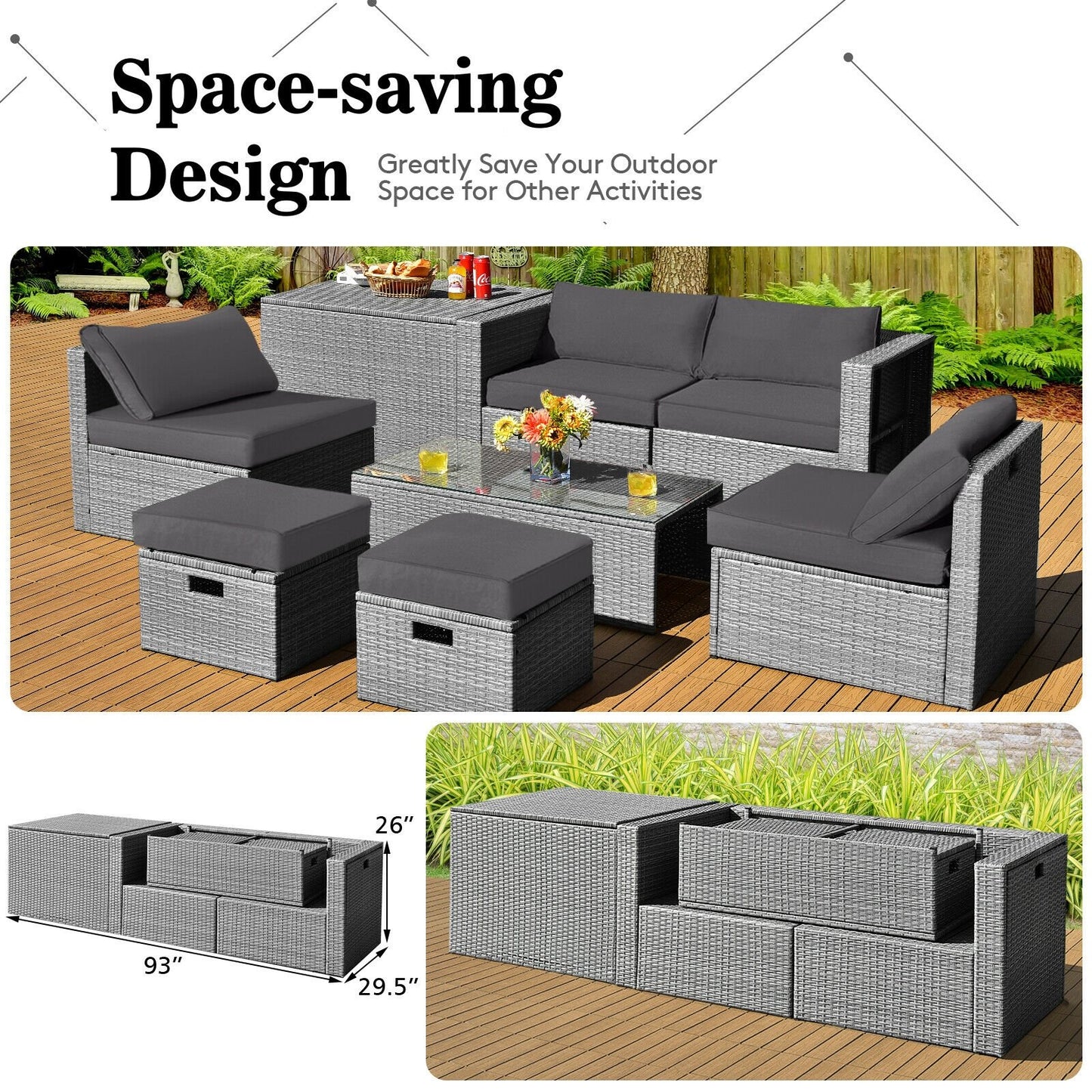 8 Pieces Patio Rattan Furniture Set with Storage Waterproof Cover and Cushion-Black