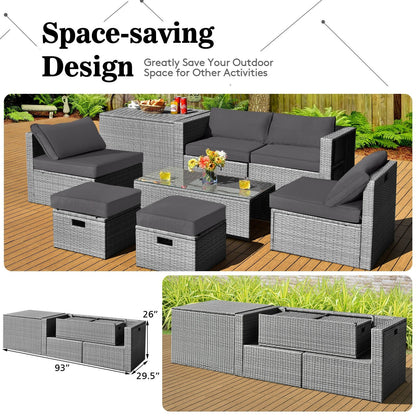 8 Pieces Patio Rattan Furniture Set with Storage Waterproof Cover and Cushion-Black