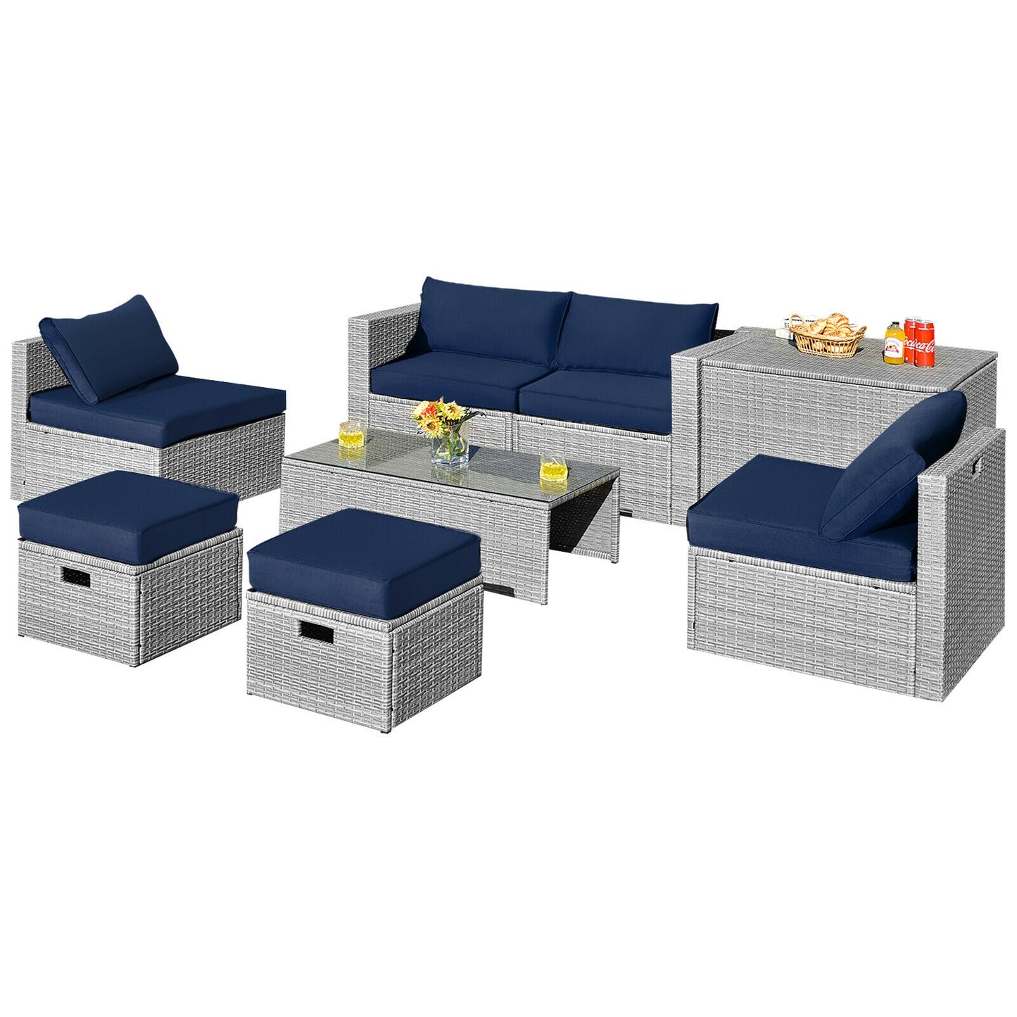 8 Pieces Patio Rattan Furniture Set with Storage Waterproof Cover and Cushion-Black