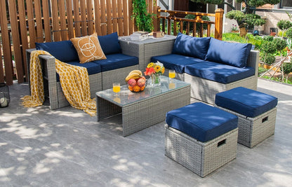 8 Pieces Patio Rattan Furniture Set with Storage Waterproof Cover and Cushion-Black