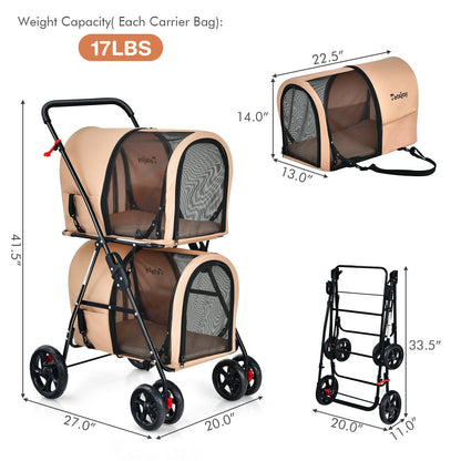 4-in-1 Double Pet Stroller with Detachable Carrier and Travel Carriage-Beige