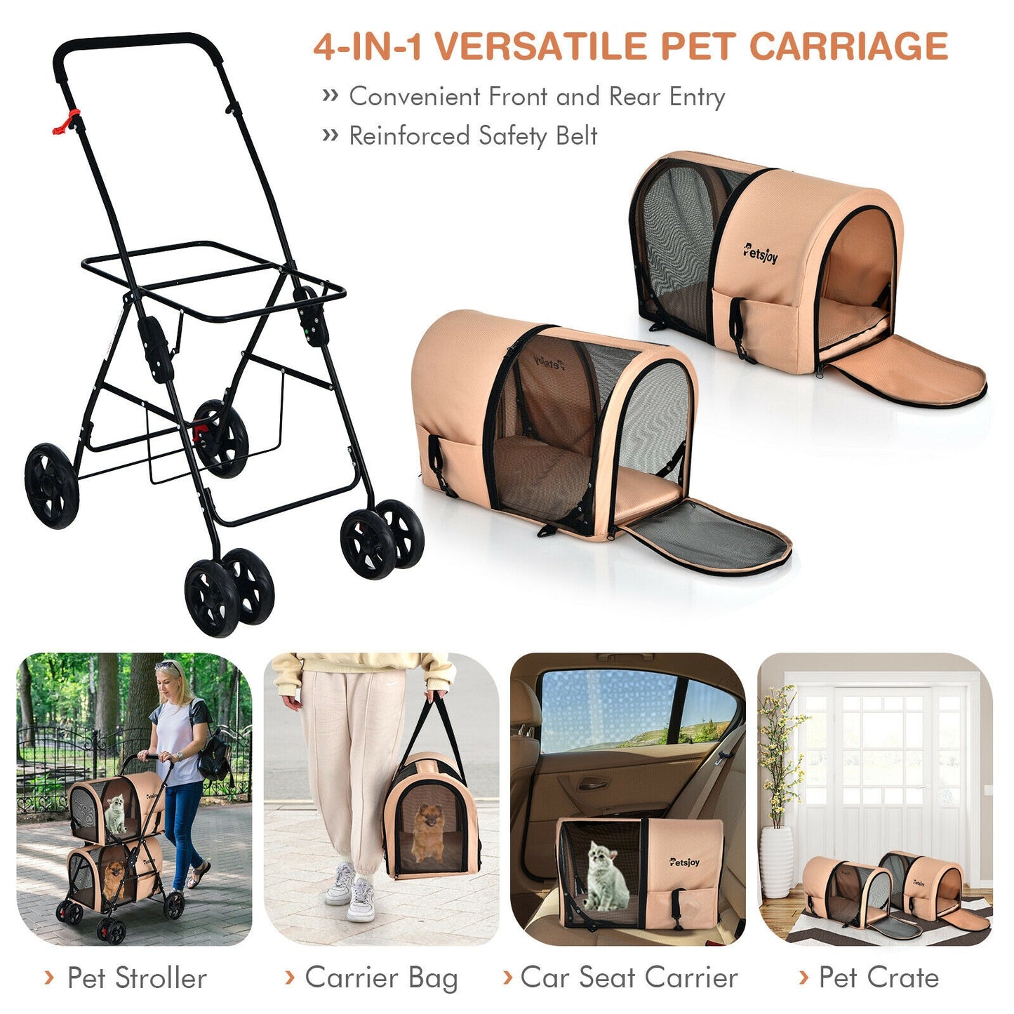 4-in-1 Double Pet Stroller with Detachable Carrier and Travel Carriage-Beige