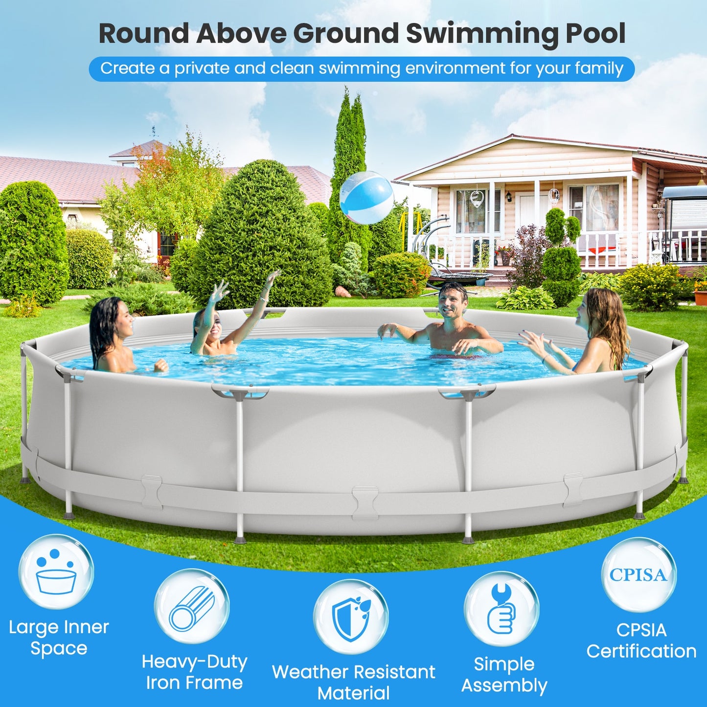 Round Above Ground Swimming Pool With Pool Cover-Gray