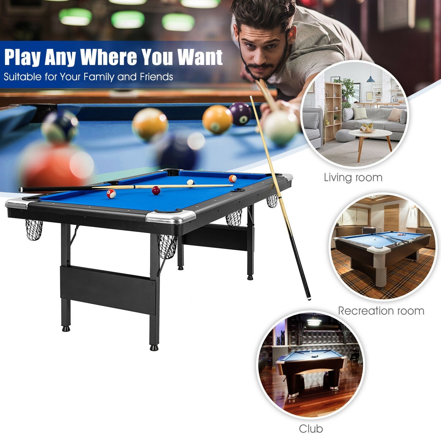 6 Feet Foldable Billiard Pool Table-Blue