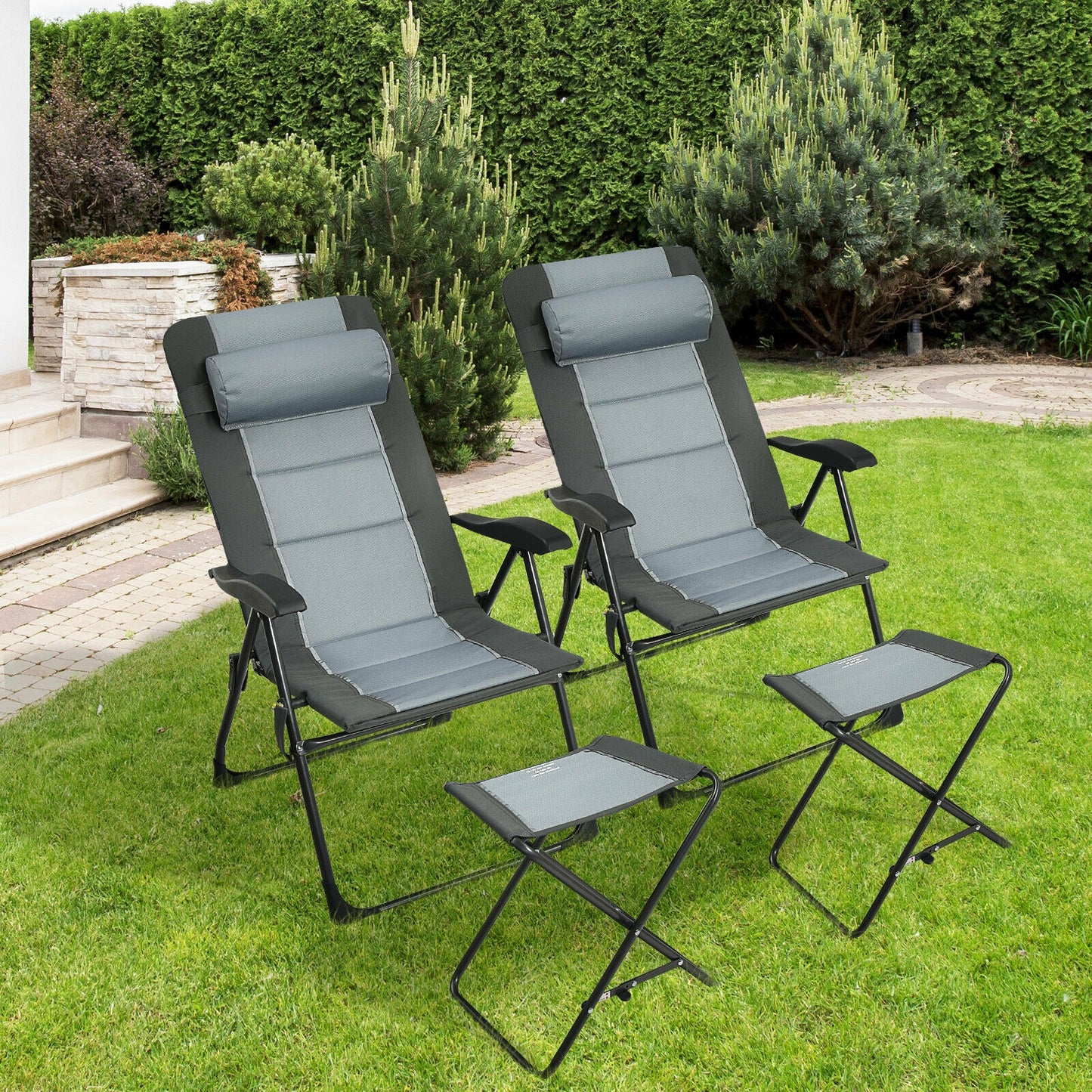 Set of 2 Patiojoy Patio Folding Dining Chair with Ottoman Set Recliner Adjustable-Gray