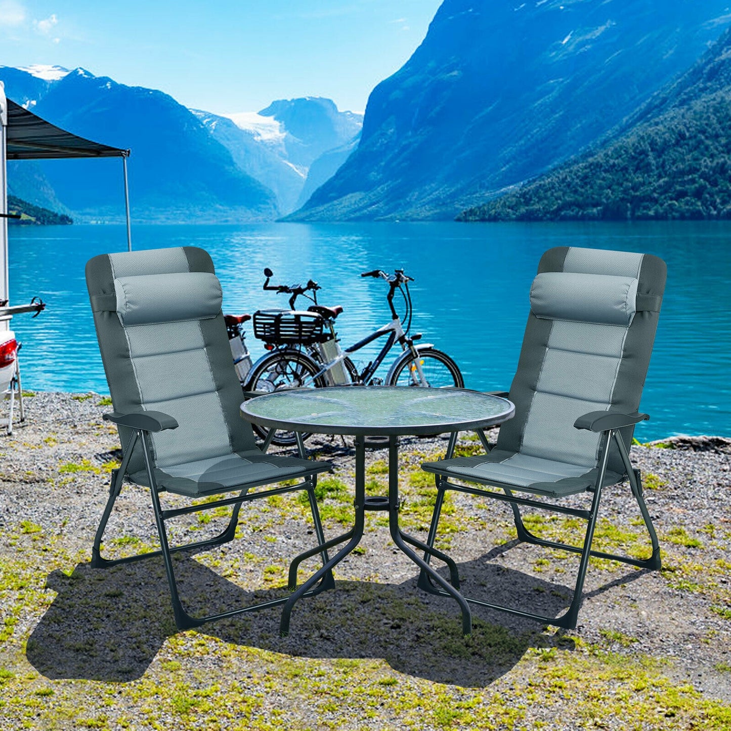 Set of 2 Patiojoy Patio Folding Dining Chair with Ottoman Set Recliner Adjustable-Gray