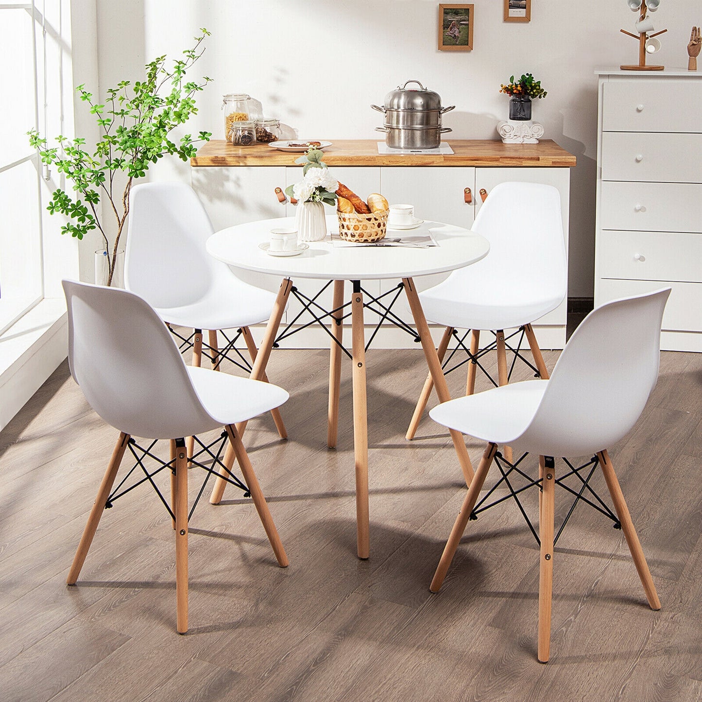 5 Pieces Table Set With Solid Wood Leg For Dining Room-White